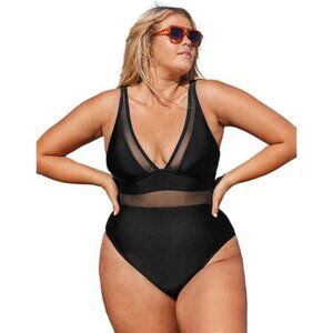 Women’s Plus Size Black One Piece Swimsuit V Neck Mesh Tummy Control